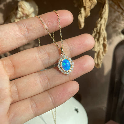 Olivenorma Blue Opal Oval Engraved Pendant Necklace