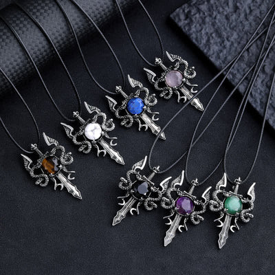 Olivenorma Natural Stone Flying Dragon Sword Pendant Necklace