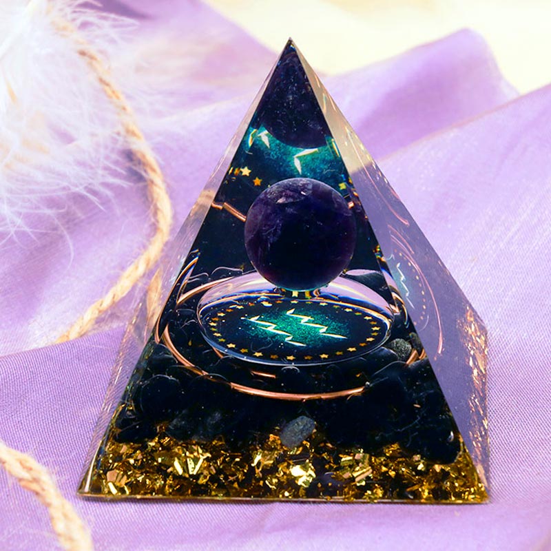 Olivenorma Amethyst Sphere With Obsidian Zodiac Aquarius Orgone Pyramid