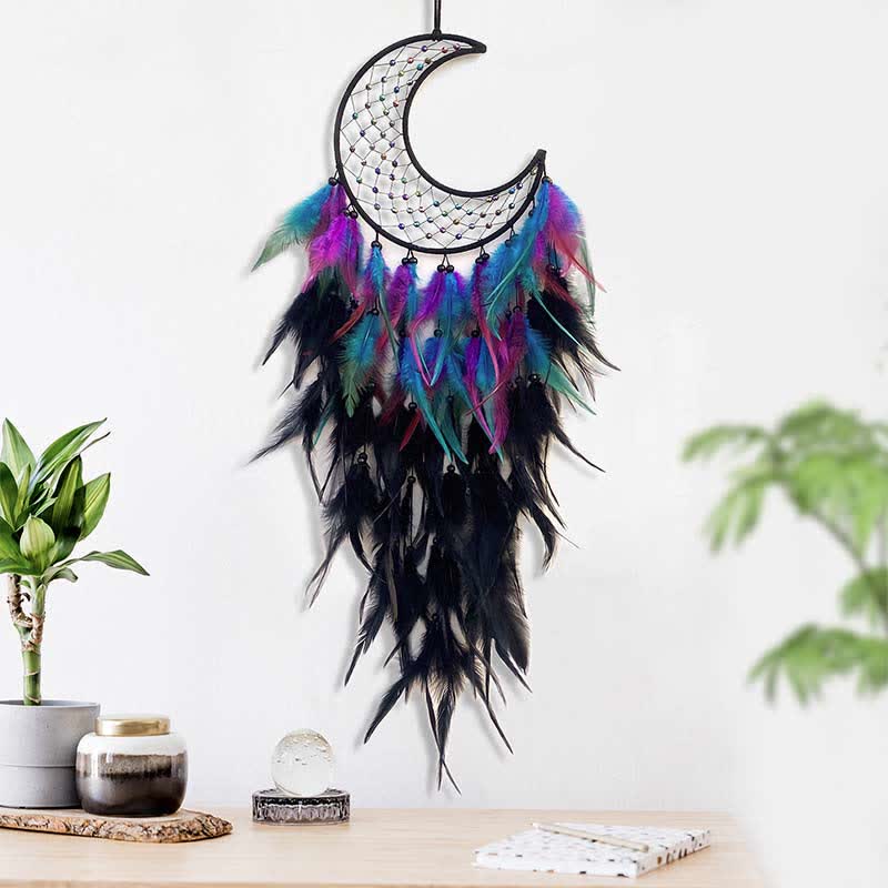 Olivenorma Woven Moon Contrasting Color Feather Dream Catcher