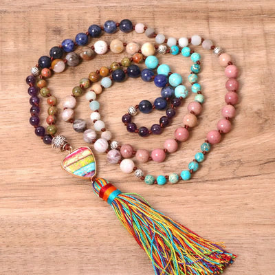 Olivenorma Gorgeous Natural Stones Chakra Triangle Pendant Mala Necklace