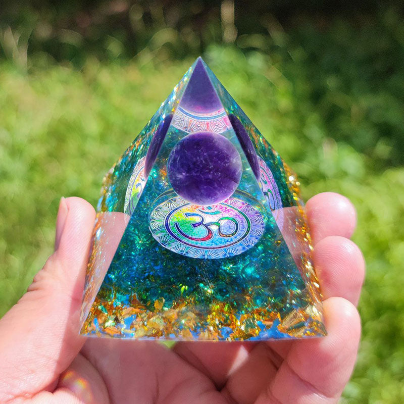 Olivenorma Blue Quartz With Amethyst Ball OM Orgone Pyramid