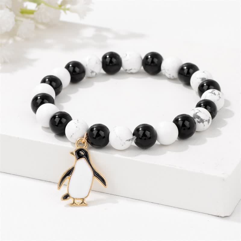 Olivenorma 8mm Natural Stone Beaded Cartoon Penguin Pendant Bracelet