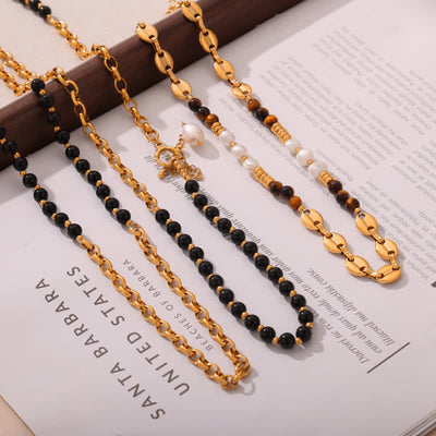 Olivenorma Tiger Eye Obsidian Freshwater Pearl Titanium Steel Necklace