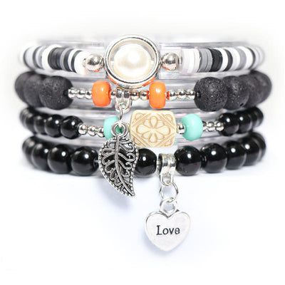 Olivenorma Leaf Heart Charm Beaded Pearl Bracelet Set