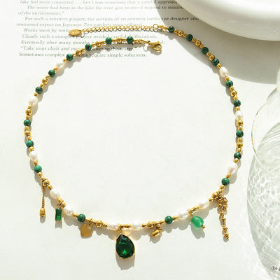 Olivenorma Emerald Pearl Beaded Non Fading Gold Necklace