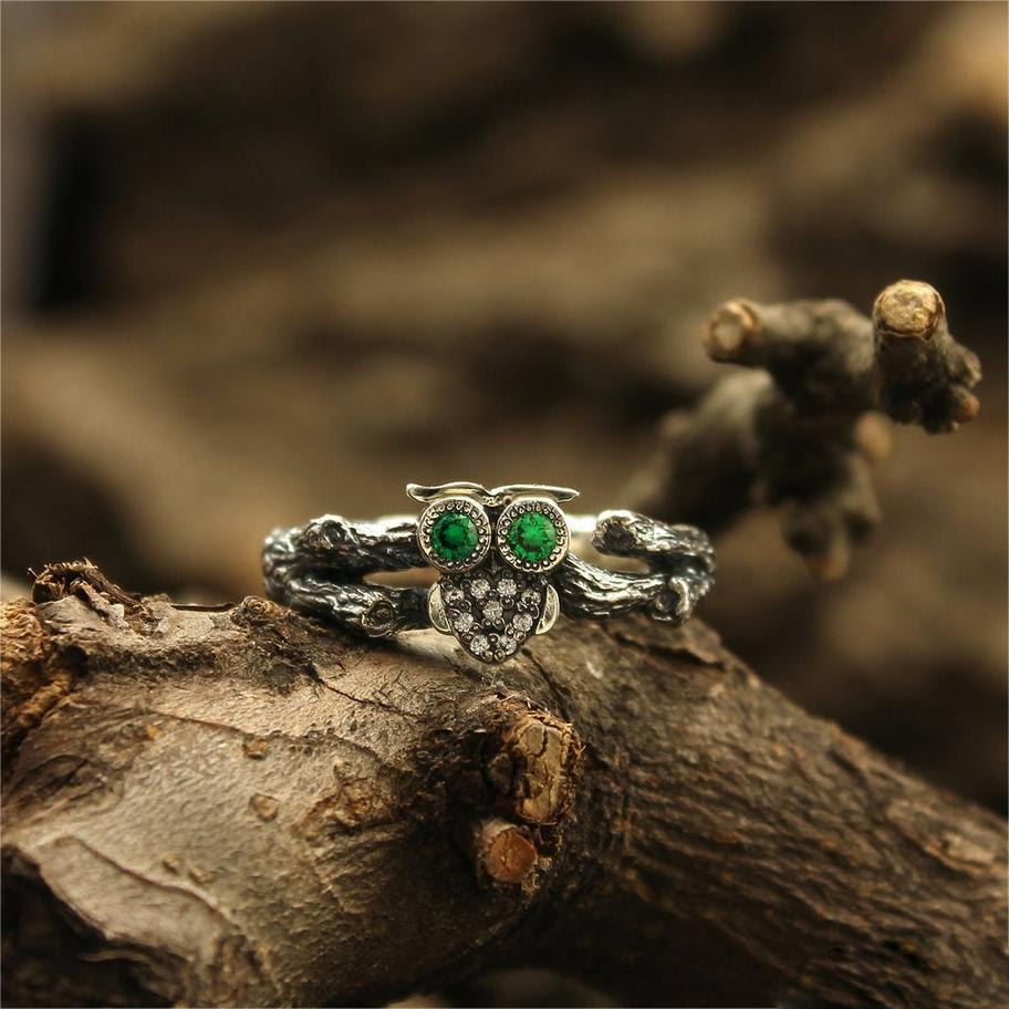 Olivenorma Emerald Owl On The Branch Silver Engagement Ring