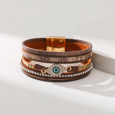 Olivenorma Zircon Evil Eye Faux Leopard Leather Pattern Bracelet