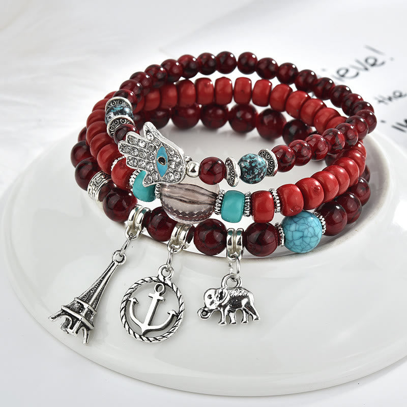 Olivenorma Elephant Tower Evil Eye Hamsa Bracelet Set