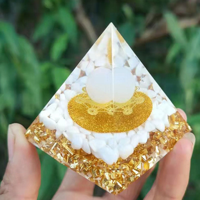 (Clearance 30% OFF / CODE: OFF30) - White Agate Clear Quartz Metatron's Cube Symbol Orgone Pyramid