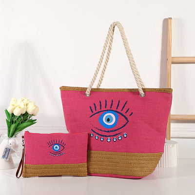 Olivenorma Evil Eye Canvas Straw Patchwork Beach Tote Bag