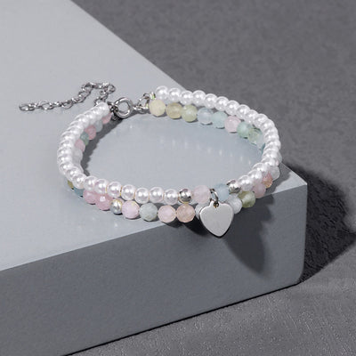 Olivenorma Faceted Stone Pearl Heart Charm Double Layer Bracelet