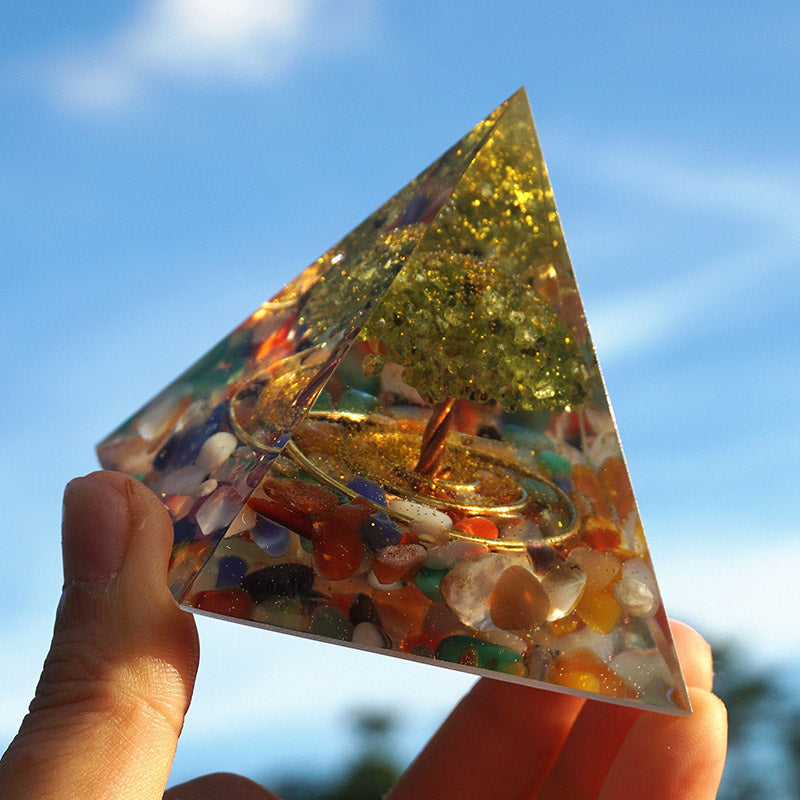 Olivenorma Fluorite With Peridot Tree Of Life Orgone Pyramid