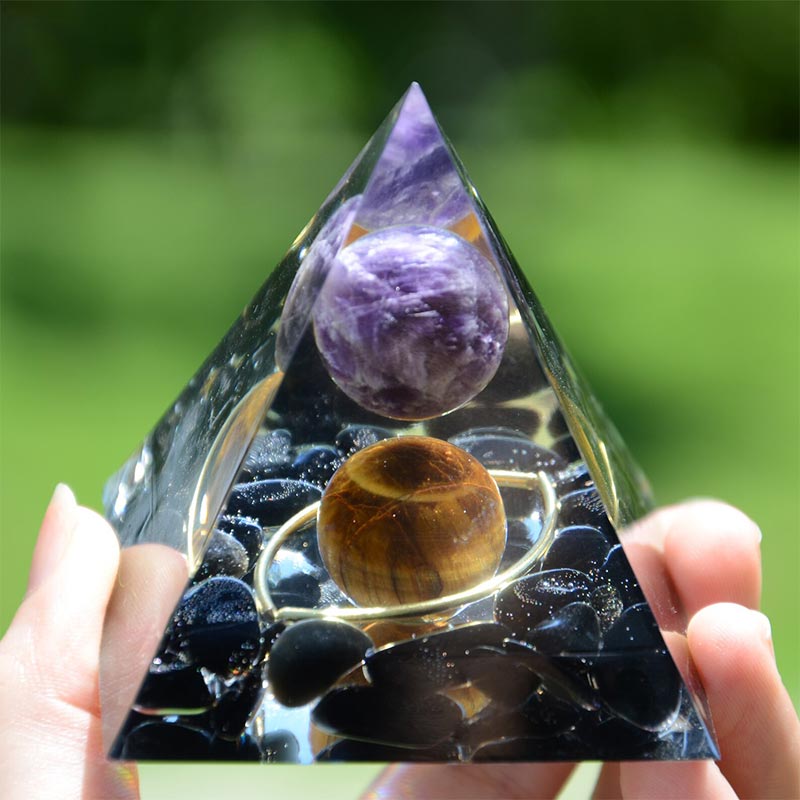 Olivenorma Amethyst Sphere With Obsidian Tiger Eye Orgone Pyramid