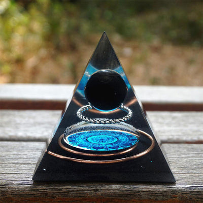 Olivenorma Obsidian Crystal Sphere With Copper Circle Orgone Pyramid