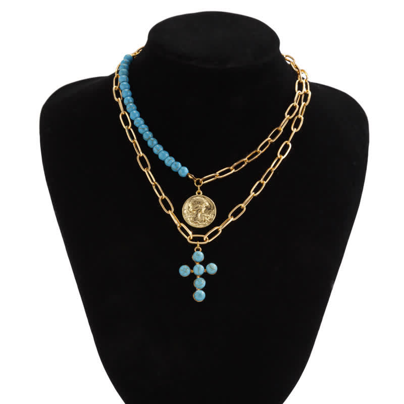 Olivenorma Natural Turquoise Exaggerated Cross Pendant Necklace Set