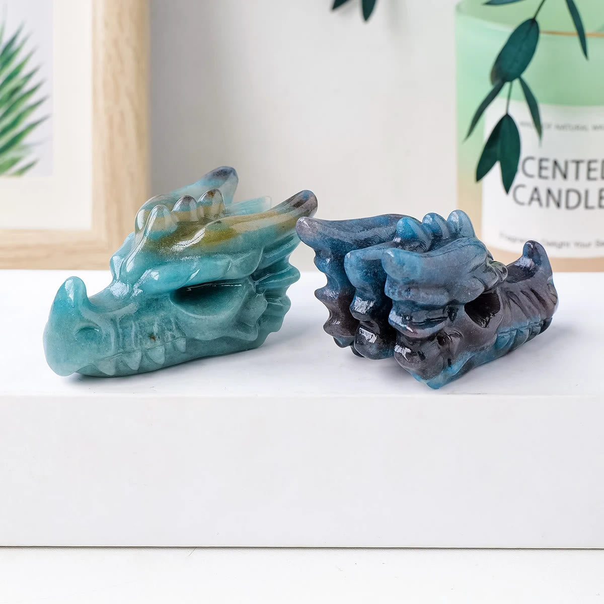 Olivenorma Blue Apatite Carved Dragon Head Skull Gemstone Decoration