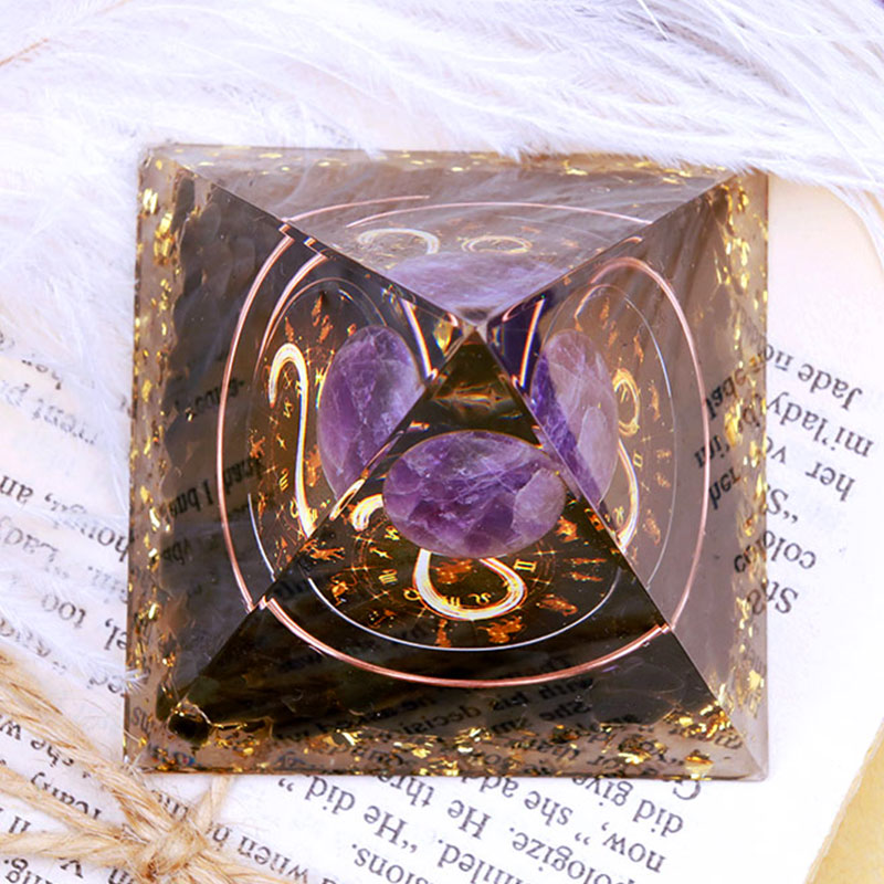 Olivenorma Amethyst Sphere With Obsidian Zodiac Leo Orgone Pyramid