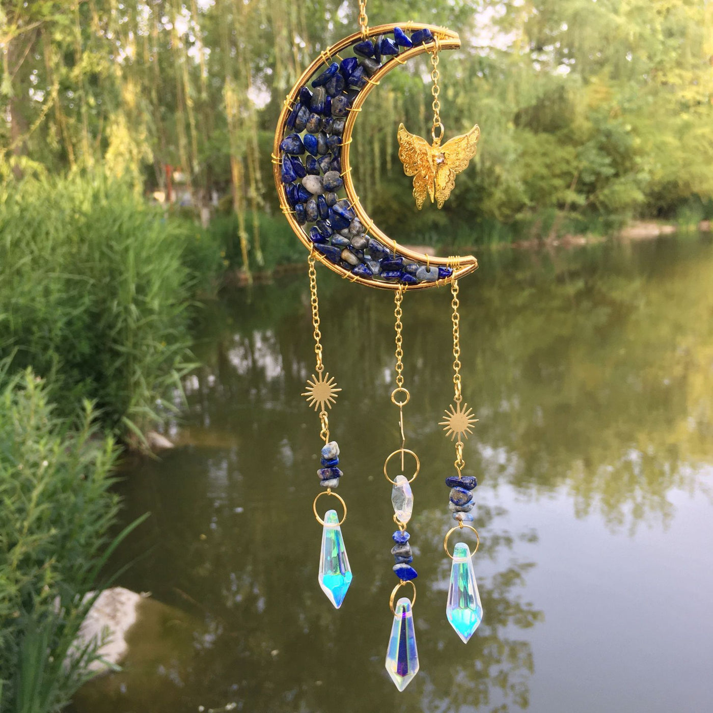 Olivenorma Natural Crystal Gravel Moon Butterfly Wind Chime