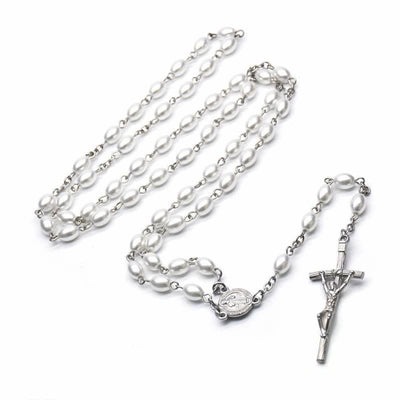 Olivenorma Gothic Cross Black Onyx or Pearl Rosary Necklace