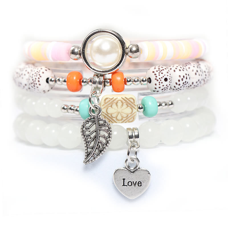 Olivenorma Leaf Heart Charm Beaded Pearl Bracelet Set