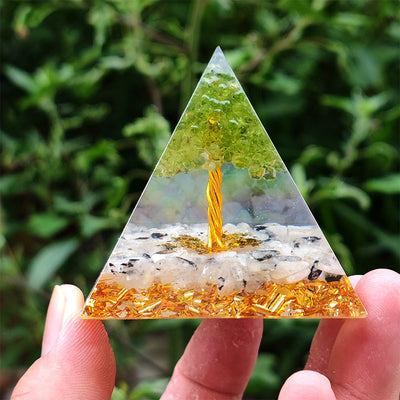 Olivenorma Moonstone with Peridot Tree Of Life Orgone Pyramid