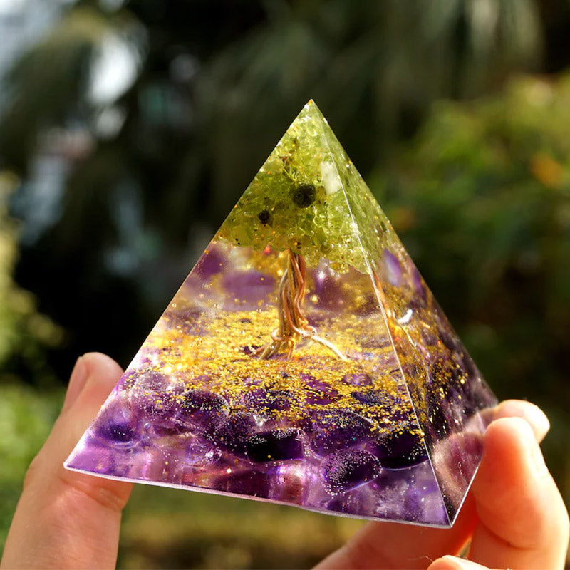 Olivenorma Peridot With Amethyst Tree Of Life Orgone Pyramid