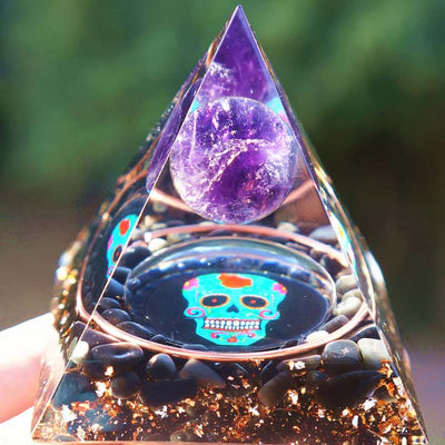 Olivenorma Amethyst&Obsidian Skull Symbol Orgone Pyramid