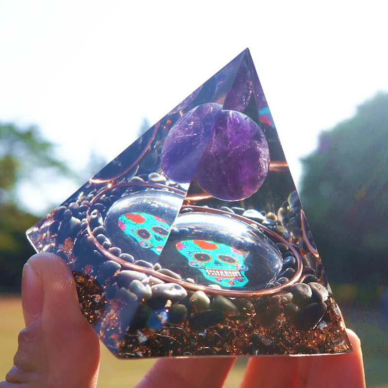 Olivenorma Amethyst&Obsidian Skull Symbol Orgone Pyramid