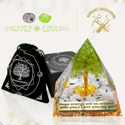 Olivenorma Moonstone with Peridot Tree Of Life Orgone Pyramid