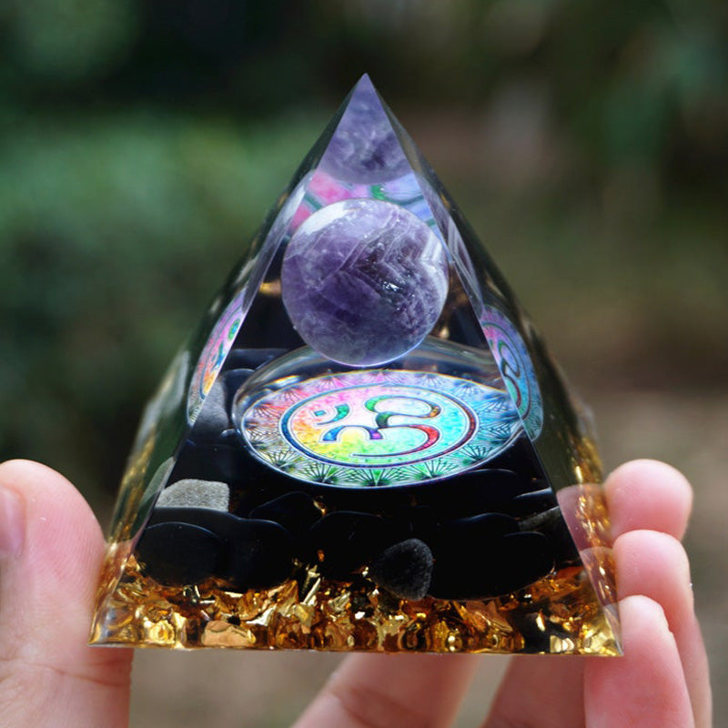 Olivenorma Natural Amethyst With Obsidian OM Symbol Orgone Pyramid