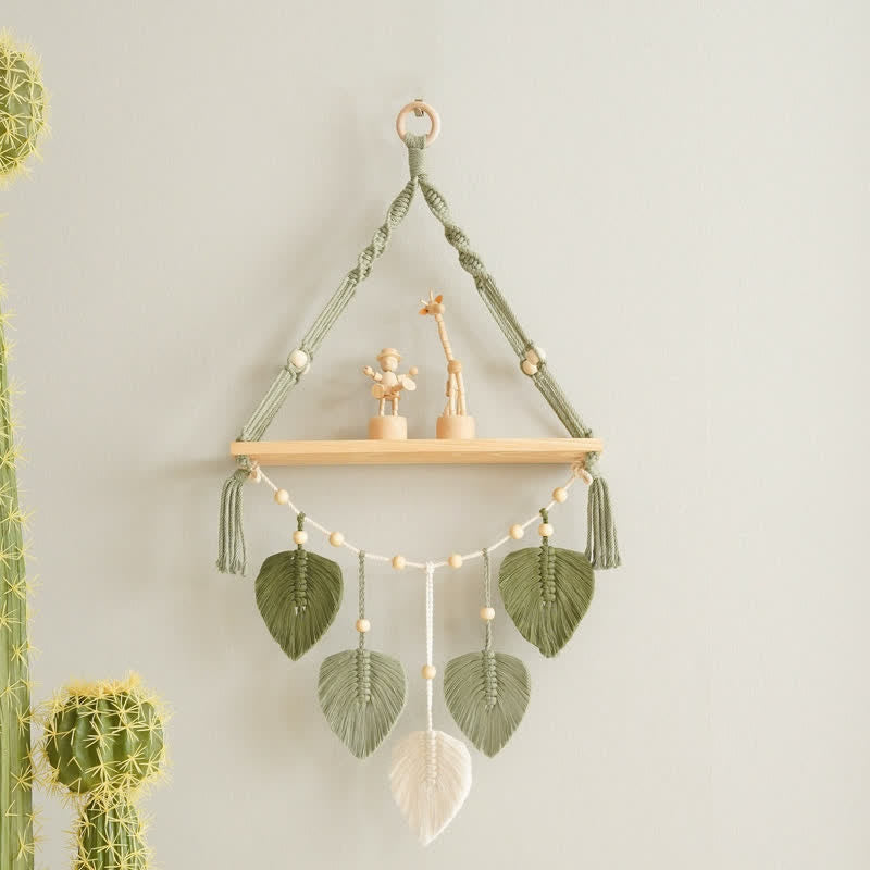 Olivenorma Weave Green Leaves Macrame Wood Shelf Wall Decor