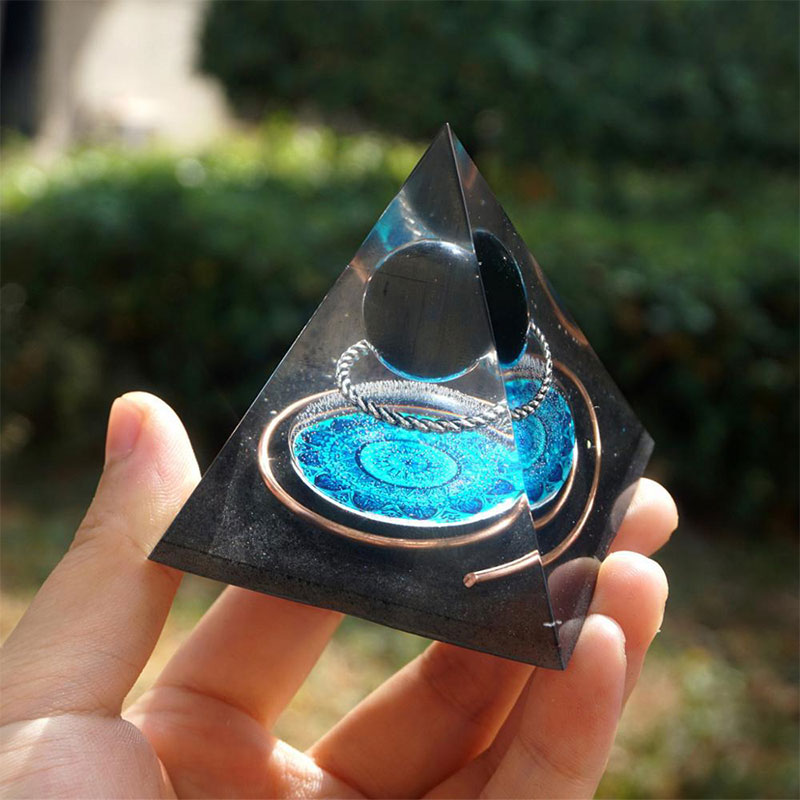 Olivenorma Obsidian Crystal Sphere With Copper Circle Orgone Pyramid