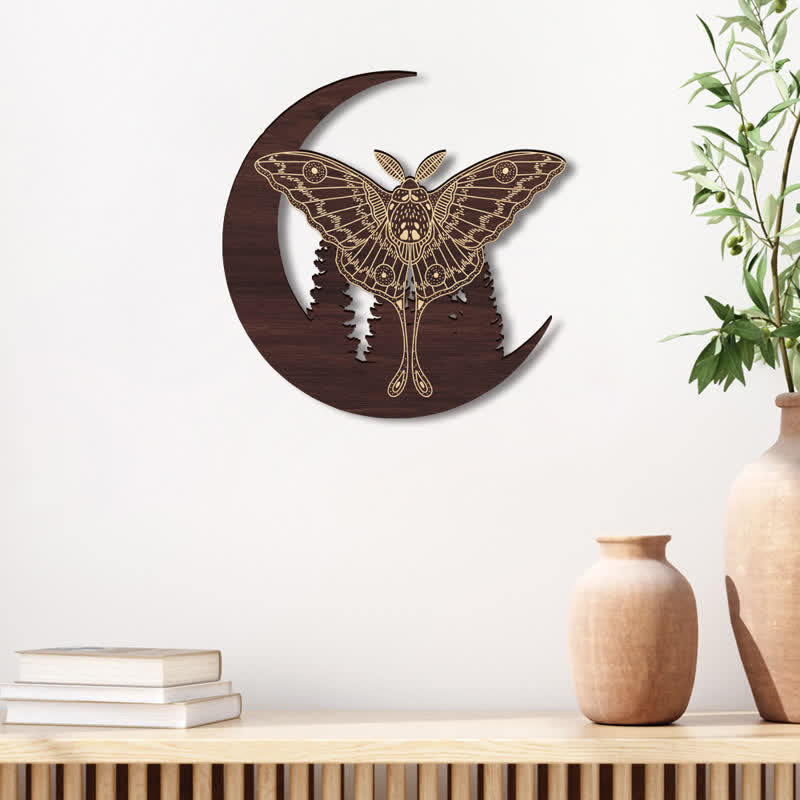 Olivenorma Crescent Moon Moth Wooden Wall Decor