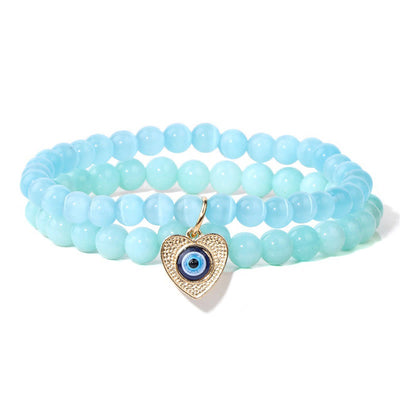 Olivenorma Cat's Eye Stone Evil Eye Pendant Double Layer Bracelet