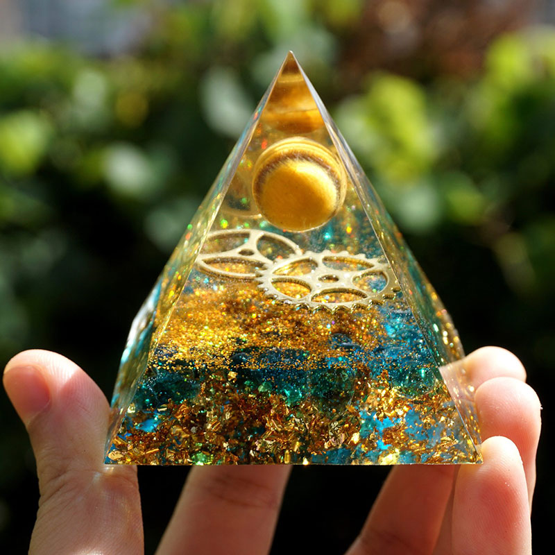 Olivenorma Tiger Eye Sphere With Blue Quartz Orgone Pyramid