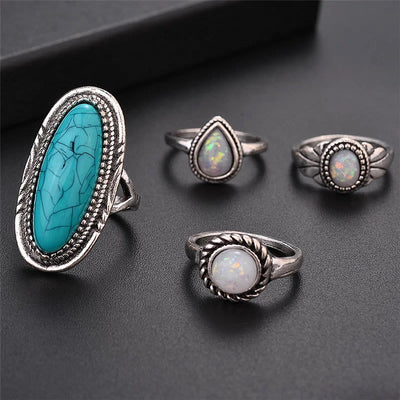 Olivenorma Opal Turquoise Elephant Leaf 8-Piece Ring Set