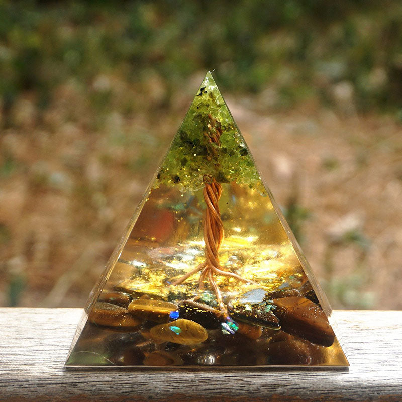 Olivenorma Tree of Life Peridot With Tiger Eye Orgone Pyramid