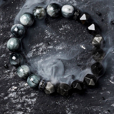 Olivenorma Hawk's Eye Quartz Silver Obsidian Beaded Bracelet