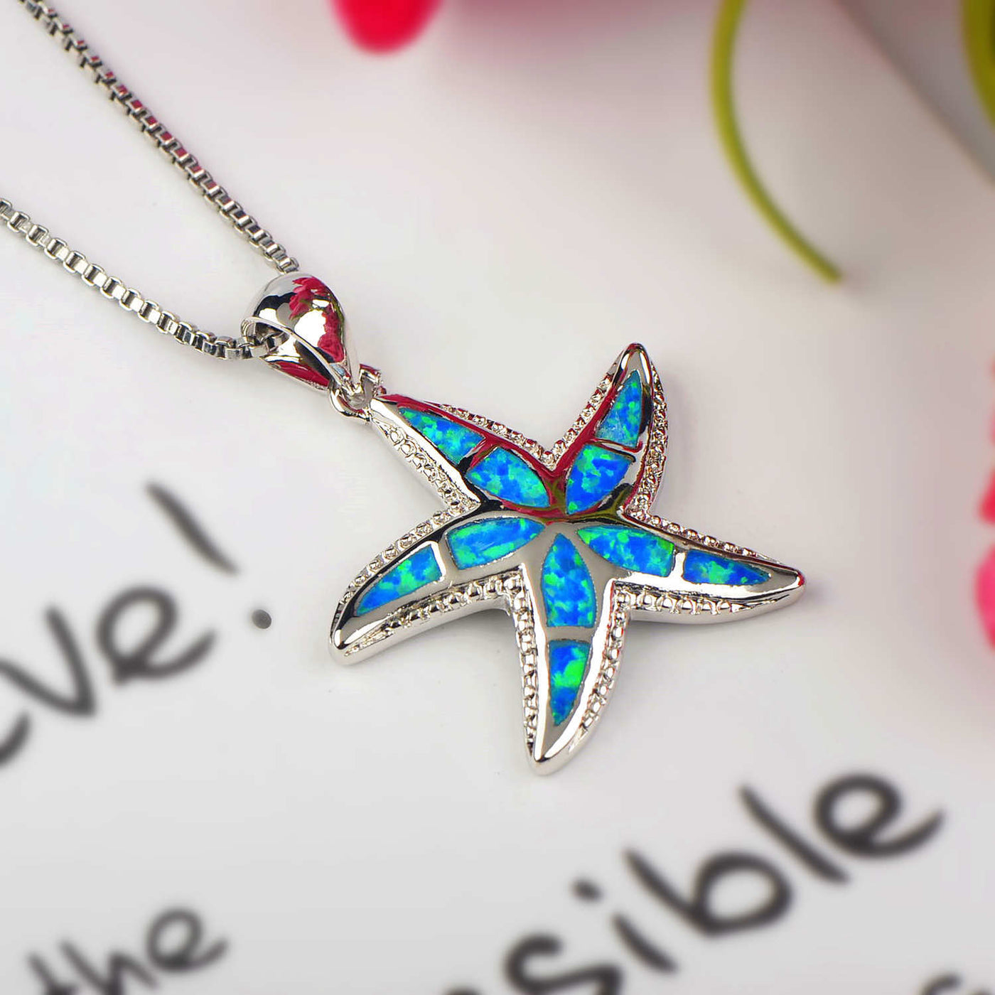 Olivenorma Blue White Opal Starfish Pendant Necklace