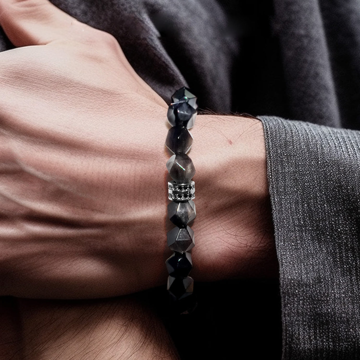 Olivenorma Men Geometric Facets Obsidian Beads Bracelet