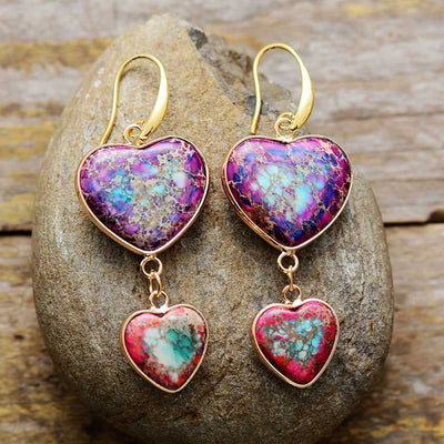 Olivenorma Purple & Rose Red Emperor Stone Double Heart Drop Earrings