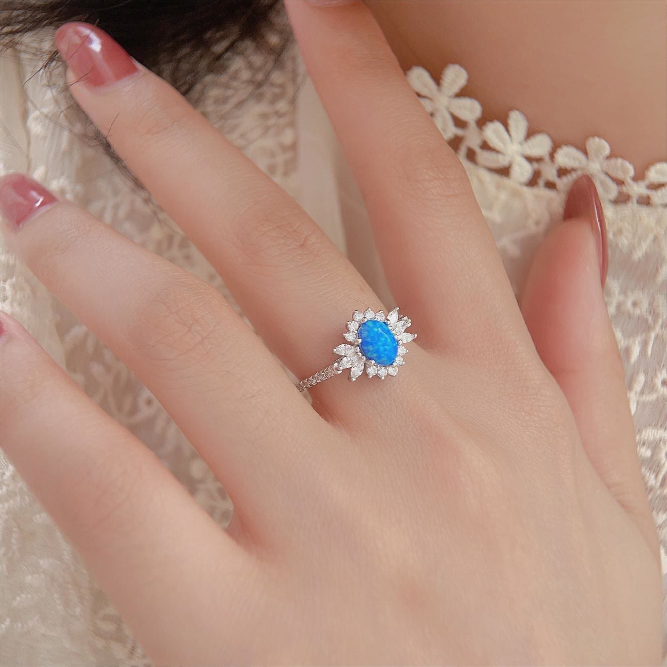 Olivenorma White Blue Opal Sunflower Design 925 Silver Ring