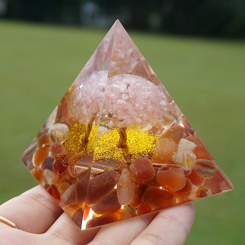 Olivenorma Rose Quartz With Red Agate Tree Of Life Orgone Pyramid