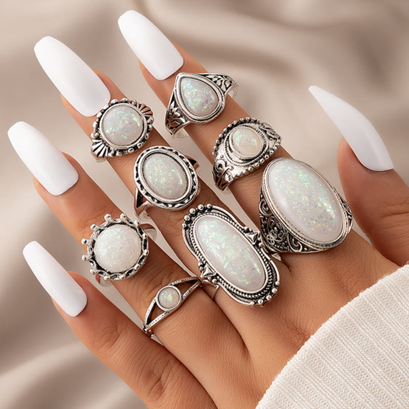 Olivenorma Round Oval Opal 8-Piece Ring Set