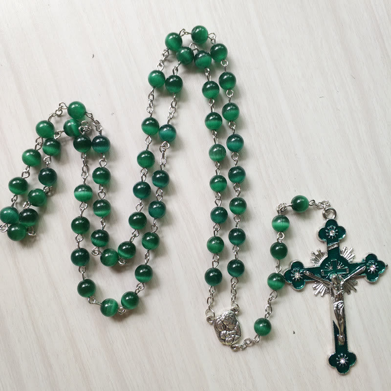 Olivenorma Green Cat's Eye Stone Cross Rosary Necklace