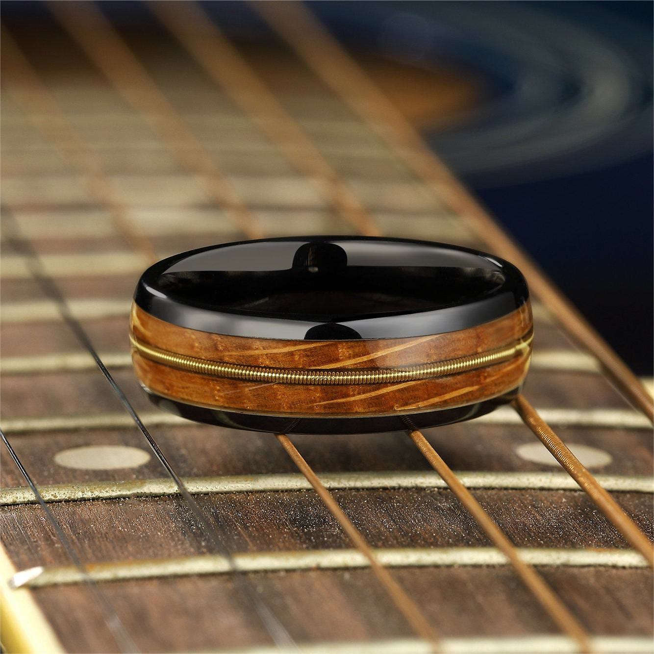 Olivenorma Guitar String Whiskey Barrel Wood Black Tungsten Carbide Ring