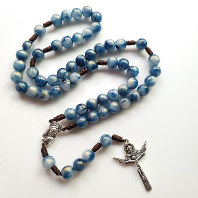 Olivenorma Blue Cat's Eye Stone Jesus Cross Rosary Necklace