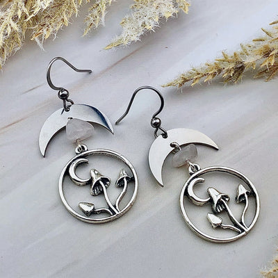 Olivenorma Natural Crystal Moon Mushroom Pendant Earrings