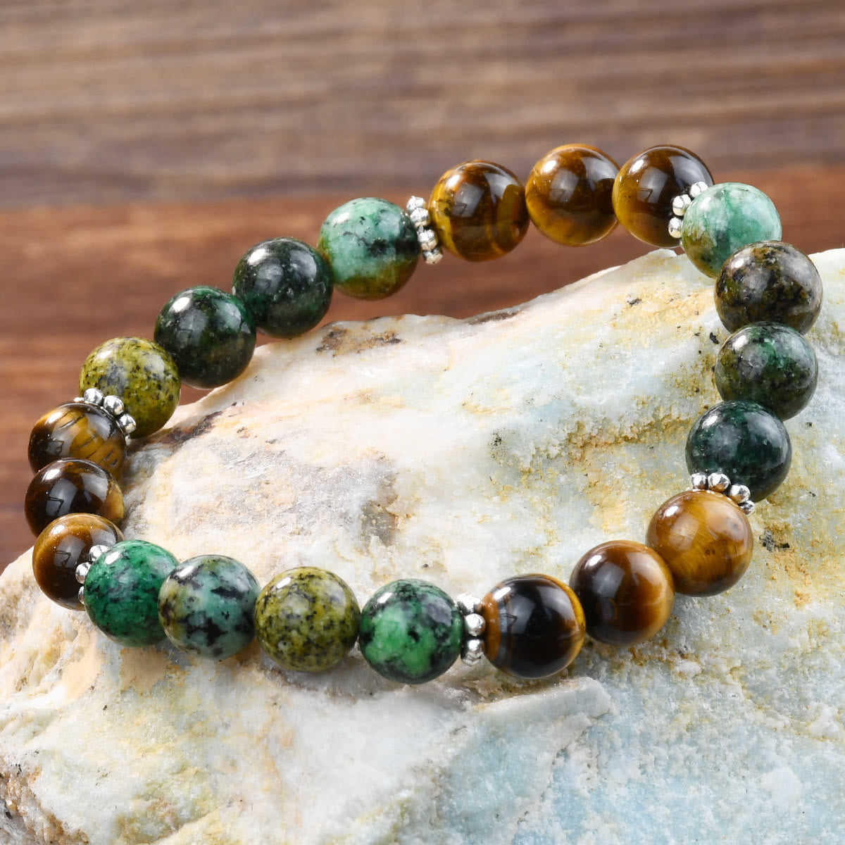 Olivenorma Natural Tiger Eye & African Turquoise Beaded Stretchable Protection Bracelet